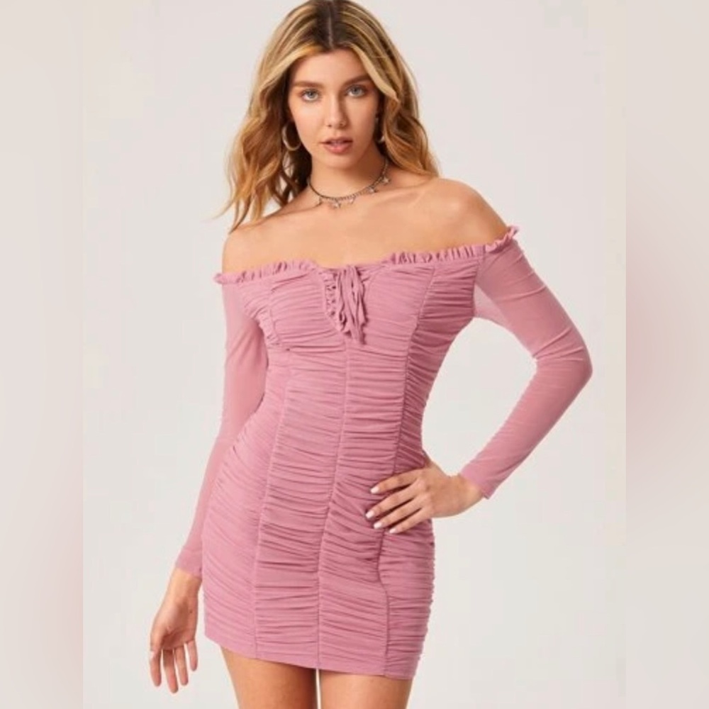 Satin Rouched off shoulder lace up front mesh dress